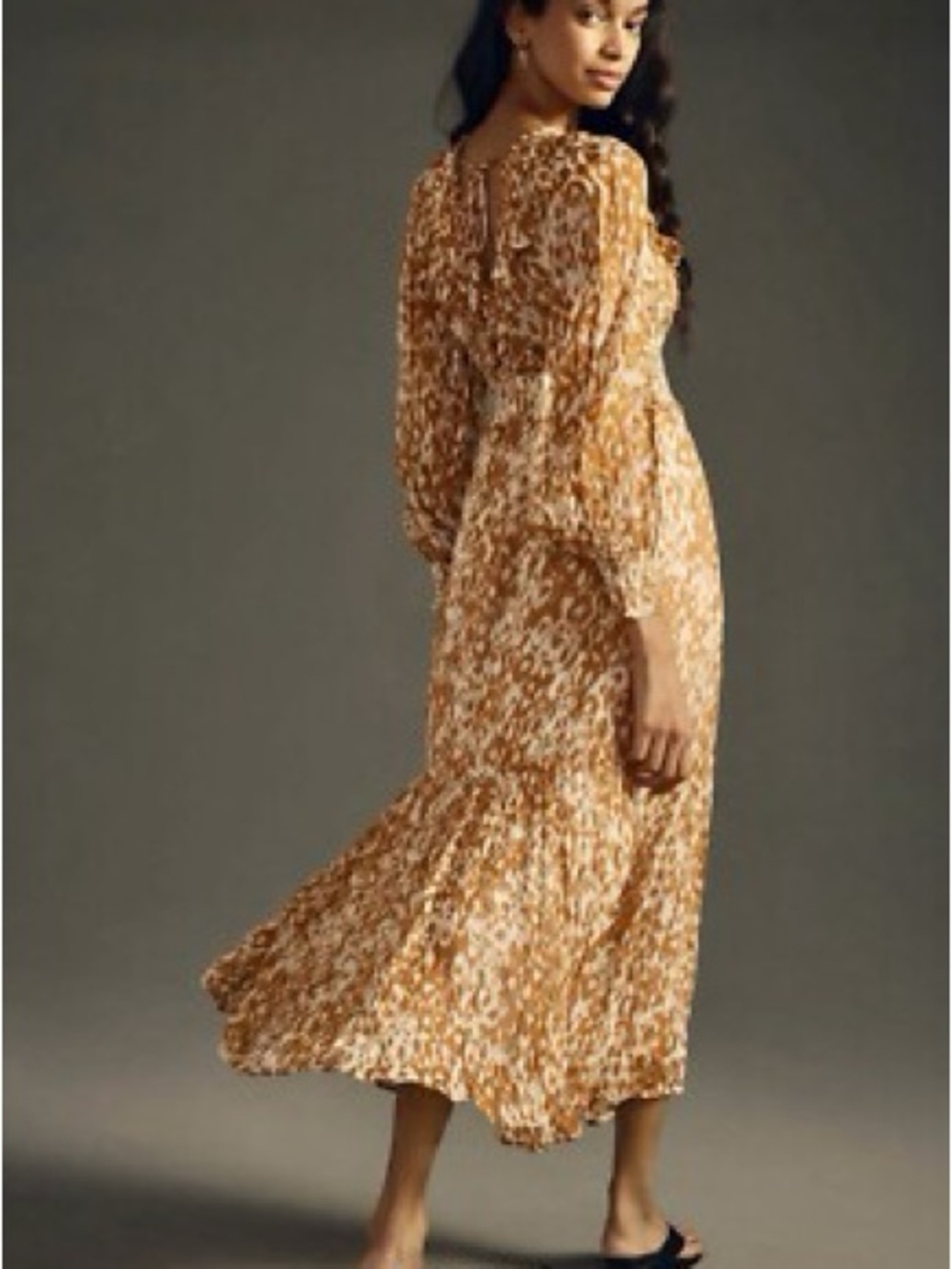 Anthropologie Mustard Floral Long-Sleeve Midi Dress